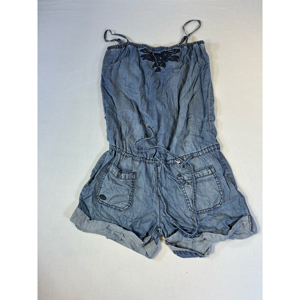 Rip Curl Planet Denim Romper Blue Spaghetti Strap Embroidered Jumpsuit Womens S‎